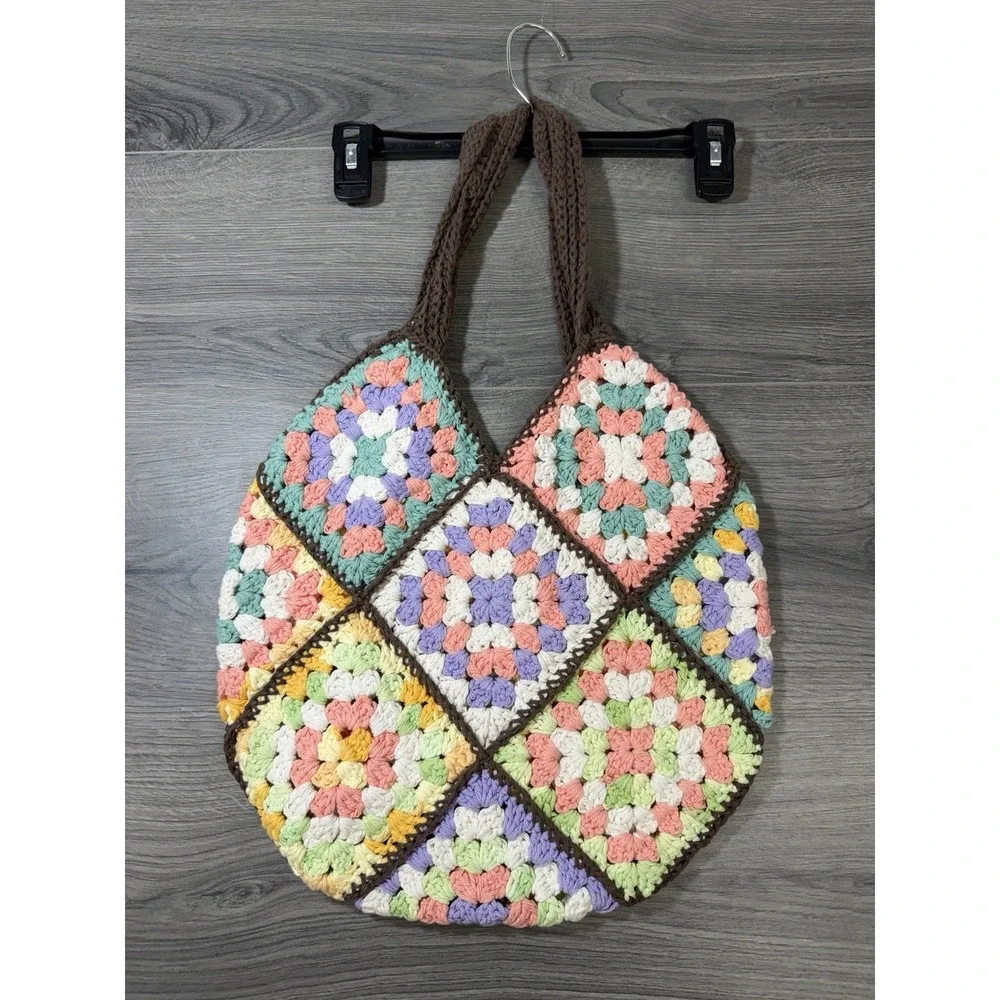 Handmade Crochet Granny Square Tote Bag Multicolor Boho Hippie Travel Comfort